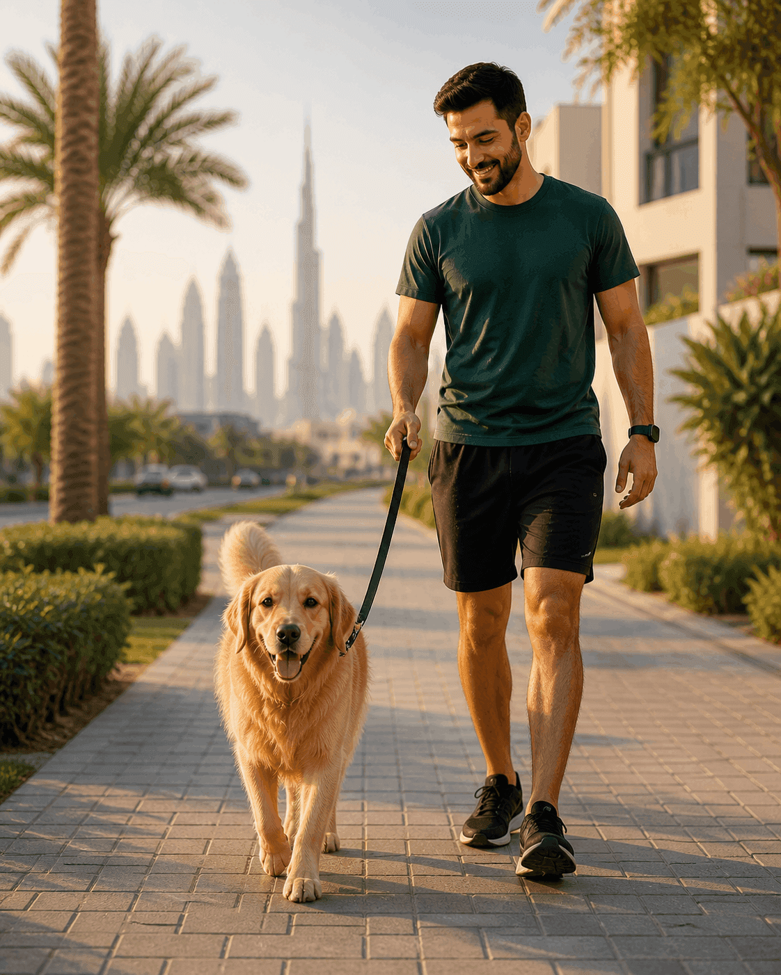 Dog walker outdoors with a dog